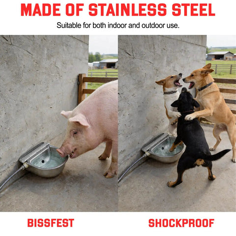 Built Tough Automatic Water Bowl Made From Pure 304 Stainless Steel for big pups and barn animals in use with pig and dogs.