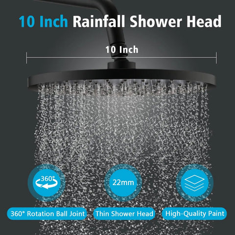 Matte Black 10 Inch Rainfall Shower Head With Tub And Shower Trim Kit And Rough In Valve spraying water, wall mount