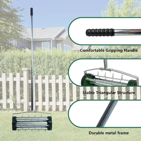Heavy Duty Rolling Lawn Aerator With 1.4 Inch Spikes And 57 Inch Steel Handle, Push Spike Aerator For Compacted Soil