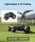 Smart Follow Me Electric Golf Cart With Wireless Remote And Rugged All Terrain Wheels Powered By A Beefy Thirty Six Hole Battery showing dimensions and features on grass.