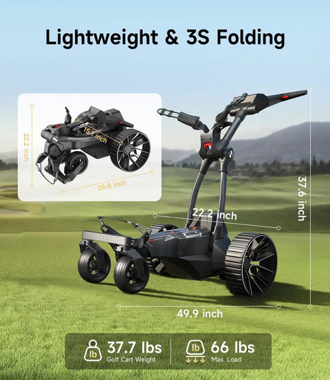 Smart Follow Me Electric Golf Cart With Wireless Remote And Rugged All Terrain Wheels Powered By A Beefy Thirty Six Hole Battery showing dimensions and features on grass.