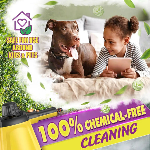 No Stress Deep Clean Handheld Steam Cleaner With 1200 Watt Fast Heat and Ten Tough Attachments for safe cleaning around kids and pets.