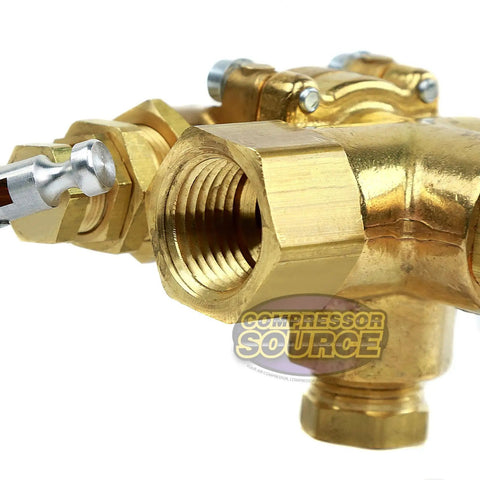 Close-up of Gas Powered Air Compressor Pilot Check Valve Unloader Assembly 140 To 175 PSI with brass finish