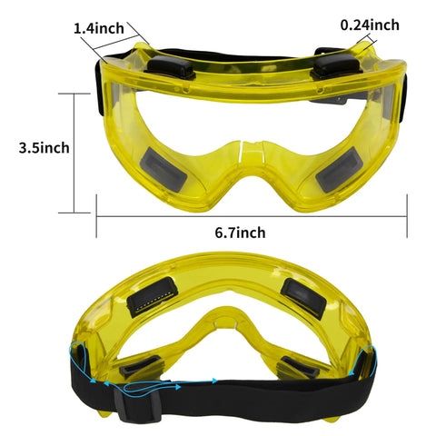 Front and back view of Six Pack Safety Goggles With Anti Fog Lenses ANSI Z87.1 Certified Lab Eyewear with adjustable fit and dimensions.