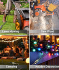 Four scenes showing a 50 Foot Outdoor Extension Cord With 14 Gauge 3 Copper Wire, 15 Amp Waterproof Power Cable in use for lawn mowing, sawing wood, camping, and holiday decoration with LED lights.