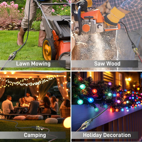 Four scenes showing a 50 Foot Outdoor Extension Cord With 14 Gauge 3 Copper Wire, 15 Amp Waterproof Power Cable in use for lawn mowing, sawing wood, camping, and holiday decoration with LED lights.