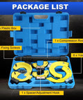 Macpherson Strut Spring Compressor Kit With Universal Interchangeable Yokes in blue carrying case showing components