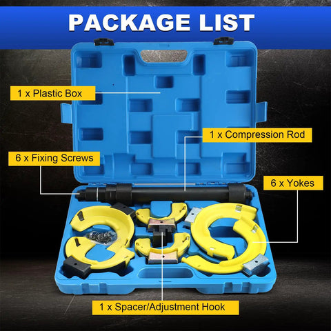 Macpherson Strut Spring Compressor Kit With Universal Interchangeable Yokes in blue carrying case showing components