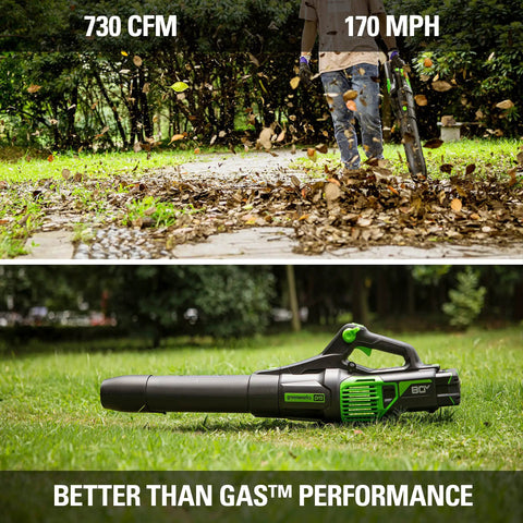 Heavy Hitter 80V Electric Leaf Blower With Brushless Motor, 730 CFM Airflow And 170 MPH Gust on grass blowing leaves.