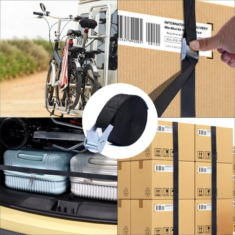 1 Inch By 10 Foot Adjustable Cam Buckle Tie Down Straps Set securing bikes, luggage, parcels, close-up of black strap with metal buckle