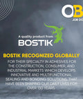 BOSTIK logo with text highlighting their specialty in adhesives for construction and consumer markets, 130 years of innovation.