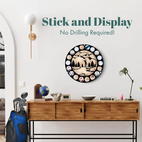18 Ball Golf Ball Display Case Wall Mount With Metal And Wood Frame Custom Wooden Backing Drill Free Mounting on living room wall
