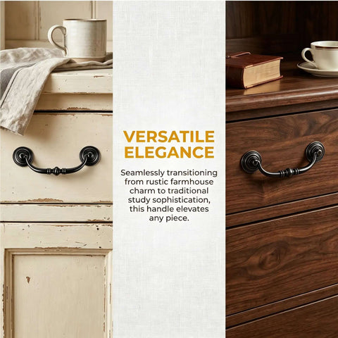 Four Pack Antique Drawer Pulls In Black Finish shown on a shabby chic dresser and a wooden cabinet with a vintage brass look.