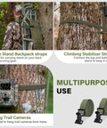 Beefy Tree Stand Straps for climbing stands with buckle, shown securing tree gear in multiple scenarios for hunting safety.