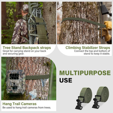 Beefy Tree Stand Straps for climbing stands with buckle, shown securing tree gear in multiple scenarios for hunting safety.