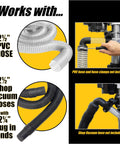 Top Shelf Pro Grade Universal Drill Press Dust Collector With Multi Axis Adjustable Hose Mount showing compatible 2½ inch PVC and shop vacuum hoses.