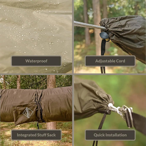12ft Nylon Hammock Sleeve Snakeskin Cover Ultimate Outdoor Hammock Protection Bag with waterproof nylon, adjustable cord, and integrated sack.