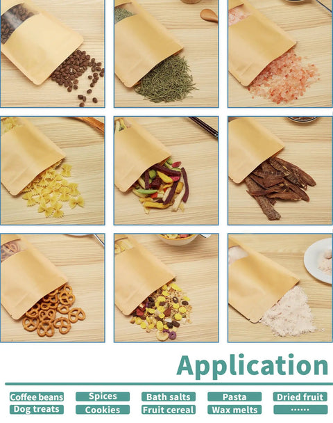 8 kraft pouches filled with various items, showcasing 100 Pcs Kraft Stand Up Pouches With Window 3.5 By 5.5 Inch Zipper Food Storage Bags.