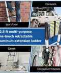Collage showing different uses of a 12.5 foot telescoping aluminum ladder with one button retraction for indoor and outdoor tasks