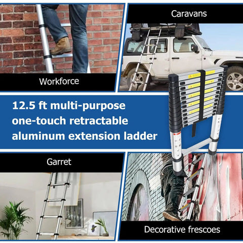Collage showing different uses of a 12.5 foot telescoping aluminum ladder with one button retraction for indoor and outdoor tasks