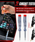 Solid 306 Piece Car Fuse Assortment Kit With Tester And Pullers Loaded With Mini Standard And Low Profile Blades 2A To 35A showing circuit testers in use on a fuse box.