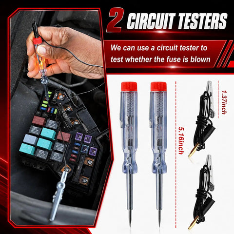 Solid 306 Piece Car Fuse Assortment Kit With Tester And Pullers Loaded With Mini Standard And Low Profile Blades 2A To 35A showing circuit testers in use on a fuse box.