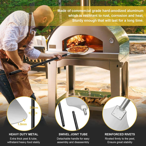 Pizza peel with 12-inch aluminum blade and painted long handle, adjustable to 49 inches for outdoor pizza oven use