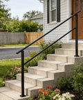 Heavy Duty Outdoor Handrails For 5 Step Exterior Stairs Solid Wrought Iron Railing with Crossbar Support on concrete steps.