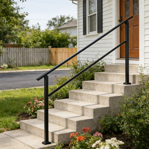 Heavy Duty Outdoor Handrails For 5 Step Exterior Stairs Solid Wrought Iron Railing with Crossbar Support on concrete steps.
