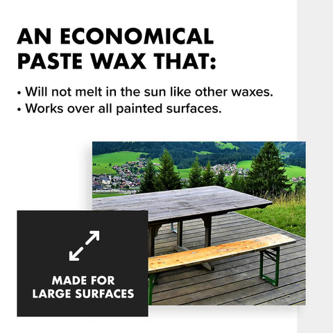 Top Shelf Wood Finish Paste Wax For Furniture Cabinets And Tabletops Blends Carnauba And Beeswax to protect a large wooden table outdoors.