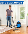 Man using 4 Gallon Wet Dry Vacuum With 5 Peak HP Two Stage Industrial Motor Workhorse Shop Vacuum For Home Garage