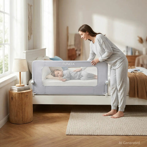 Swing Down Bed Rail Guard For Toddlers 59 Inch Long For King Twin Full Queen Beds Built Tough With Reinforced Alloy Steel Frame And Extra Wide Base Easy Co Sleep Safety System For Peace Of Mind with toddler sleeping next to woman