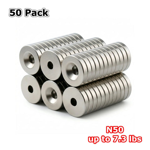 Heavy Duty N50 Neodymium Countersunk Disc Magnets With Screw Secure Flush Mount Setup And Kickass Rare Earth Hold For Cabinets Drawers And Tool Boxes In A Tough 50 Pack showing 50 magnets in a stacked arrangement.
