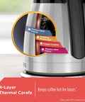 Close-up of 4-layer vacuum carafe showing stainless steel with labels of features on coffee maker, 12 Cup Thermal Programmable Coffee Maker With Brew Strength And Vortex Technology, Black And Steel Finish, Four Layer Vacuum Carafe Keeps Your Java Hot For Hours, Auto Shutoff, 24 Hour Programmable Brew, No Warming Plate Needed.