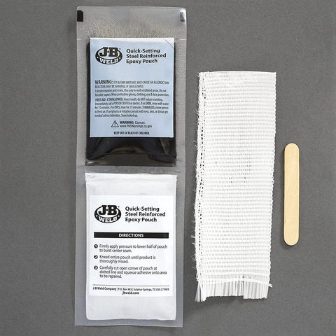 Metal Fuel Tank Repair Kit With Cold Weld Technology including epoxy pouches, fiberglass cloth, and applicator stick.