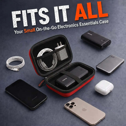 Badass Small Hard Shell Eva Zipper Case For Electronic Accessories Red Compact Travel Organizer Bag showing tech gear and cables inside.
