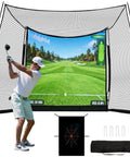 11 X 8 Ft Golf Net With HD Impact Screen And Target Cloth Five Ply Impact Resistant Netting setup with golfer swinging club