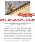 Squirrel on a roof with text promoting HY-Guard Exclusion chimney cap for wildlife proofing, made in USA since 1947