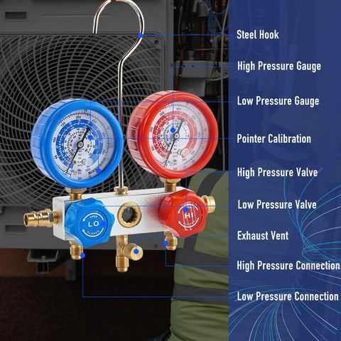 3.6 CFM AC Vacuum Pump And Gauge Set For R410A Refrigerants Home Mini Split Kit with three-way manifold and gauges displayed