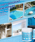 Heavy Duty Two Part Epoxy Pool Putty For Swimming Pool Leaks And Cracks Waterproof Sealant Fast Curing Leak Fix Paste shown in various repair scenarios.