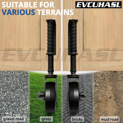 Top Shelf 4 Inch Spring Loaded Gate Caster Wheel With Side Brake And 360 Degree Swivel For Outdoor Wooden Fence Gates Heavy Duty Rig Built Like A Tank To Roll Smooth Over Bumps Black Pair on various terrains.