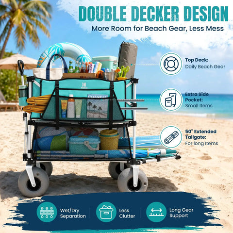 Heavy Duty 500 Lb Double Decker Wagon Cart With 9 Inch Balloon Wheels For Sand Collapsible Beach Cart With Side Pocket