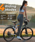 Woman standing next to Foldable Electric Bike For Adults With 750W Peak Motor And 48V Battery 50 Miles, showcasing four riding modes.