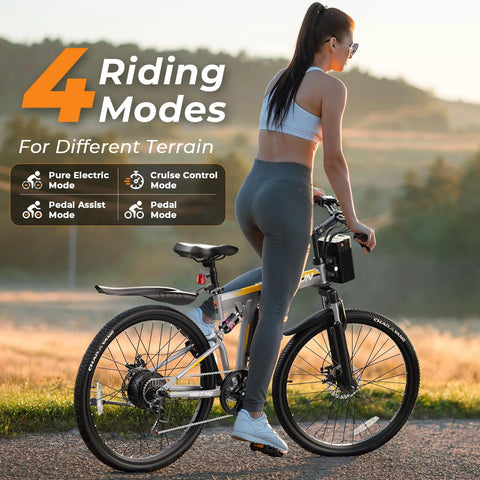 Woman standing next to Foldable Electric Bike For Adults With 750W Peak Motor And 48V Battery 50 Miles, showcasing four riding modes.