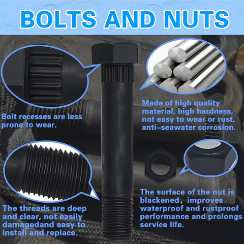 Close-up of bolts and nuts made of durable, rust-resistant material for Trailer Axle Equalizer Shackle Kit for double-eye leaf spring.