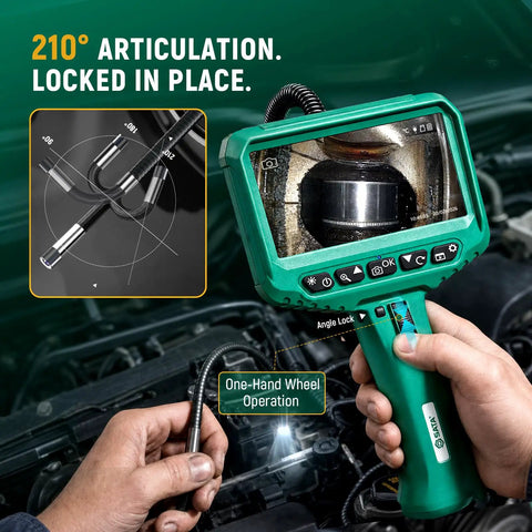 Two-Way Articulating Borescope With Light And 210 Degree Pivot Pro-Grade Snake Camera With IPS HD Display 4X Zoom 5FT Flexible Probe For Automotive HVAC Plumbing And Mechanical Inspection, held in engine bay