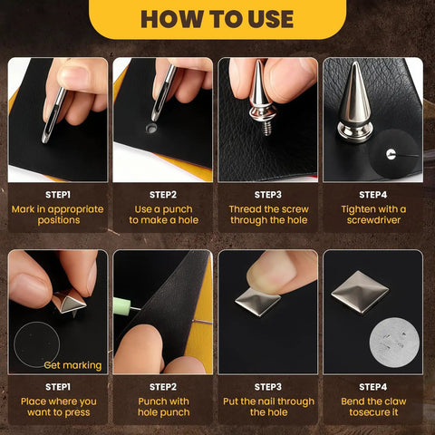 How-to-use guide for Dope Punk Spikes And Studs Kit With 500 Sets In 11 Sizes For Jackets Shoes Belts Bags And Leather Craft DIY Accessories