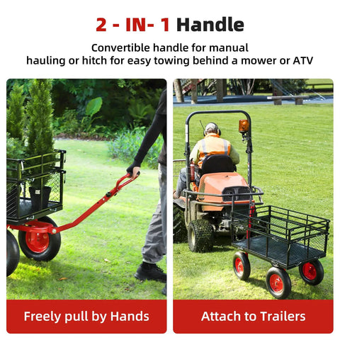 Heavy Duty 1400 Lb Steel Garden Dump Cart With Removable Mesh Panels 2 In 1 Handle attached to lawn equipment