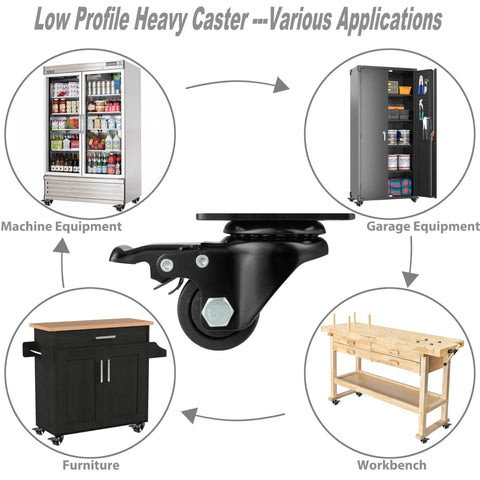 Built Tough Heavy Duty Swivel Casters 1.5 Inch Double Wheel Solid Nylon With Locking Brakes Low Profile Mount on various equipment.