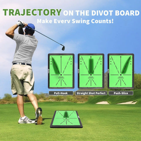 Man using All-In-One Golf Hitting Mats Trainer For Driving, Chipping And Putting with trajectory display on a golf course.
